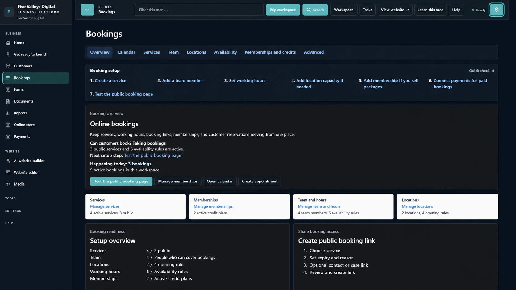 Example Rusteeze Bookings overview with services, availability, locations and memberships