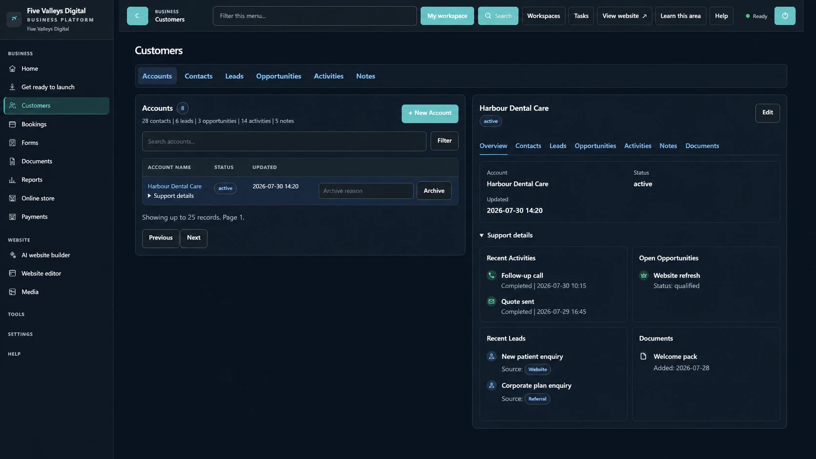 Example Rusteeze Customers workspace with an account, activities, opportunities, leads and documents