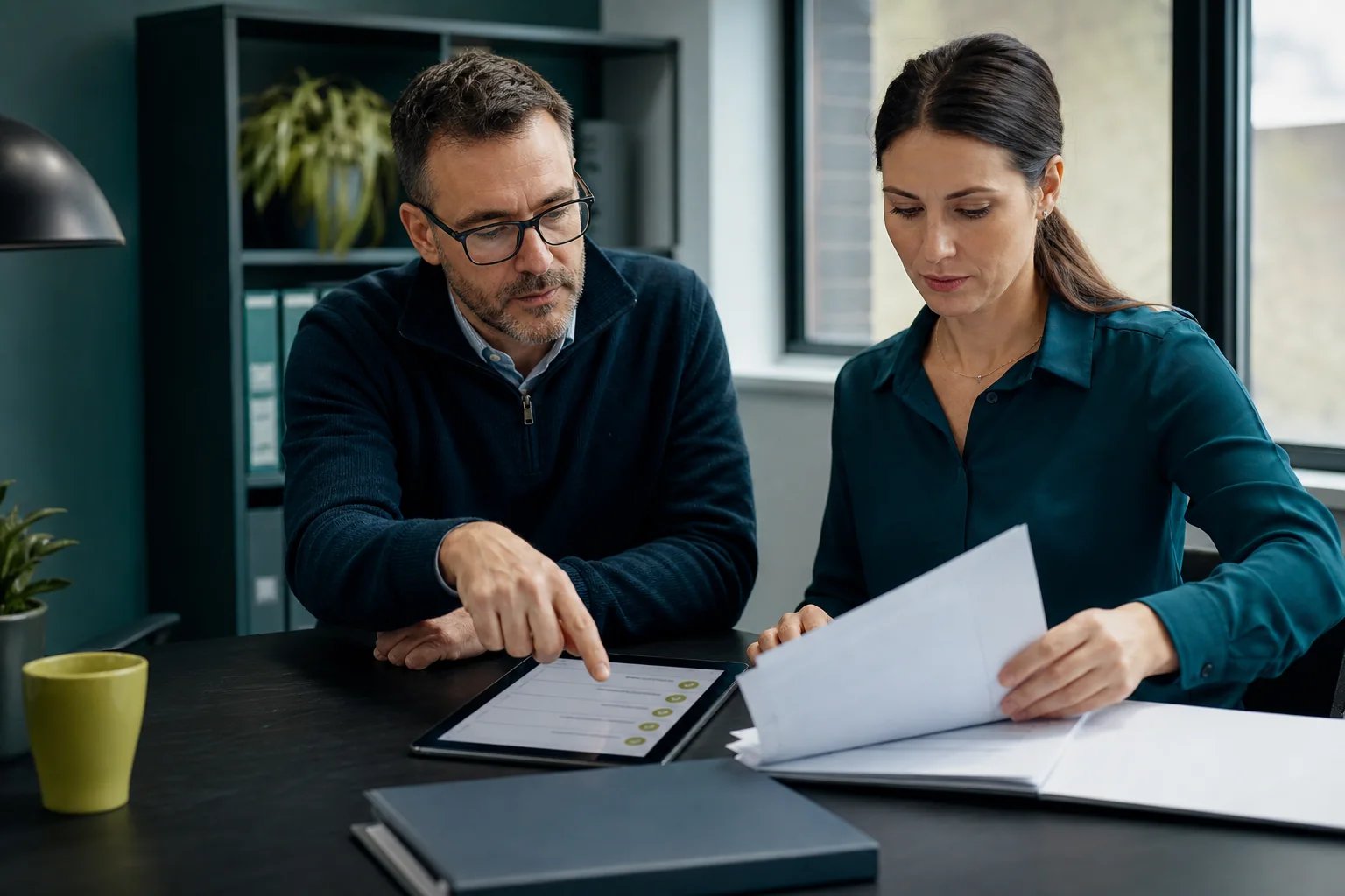 Two office colleagues reviewing unmarked papers and a tablet