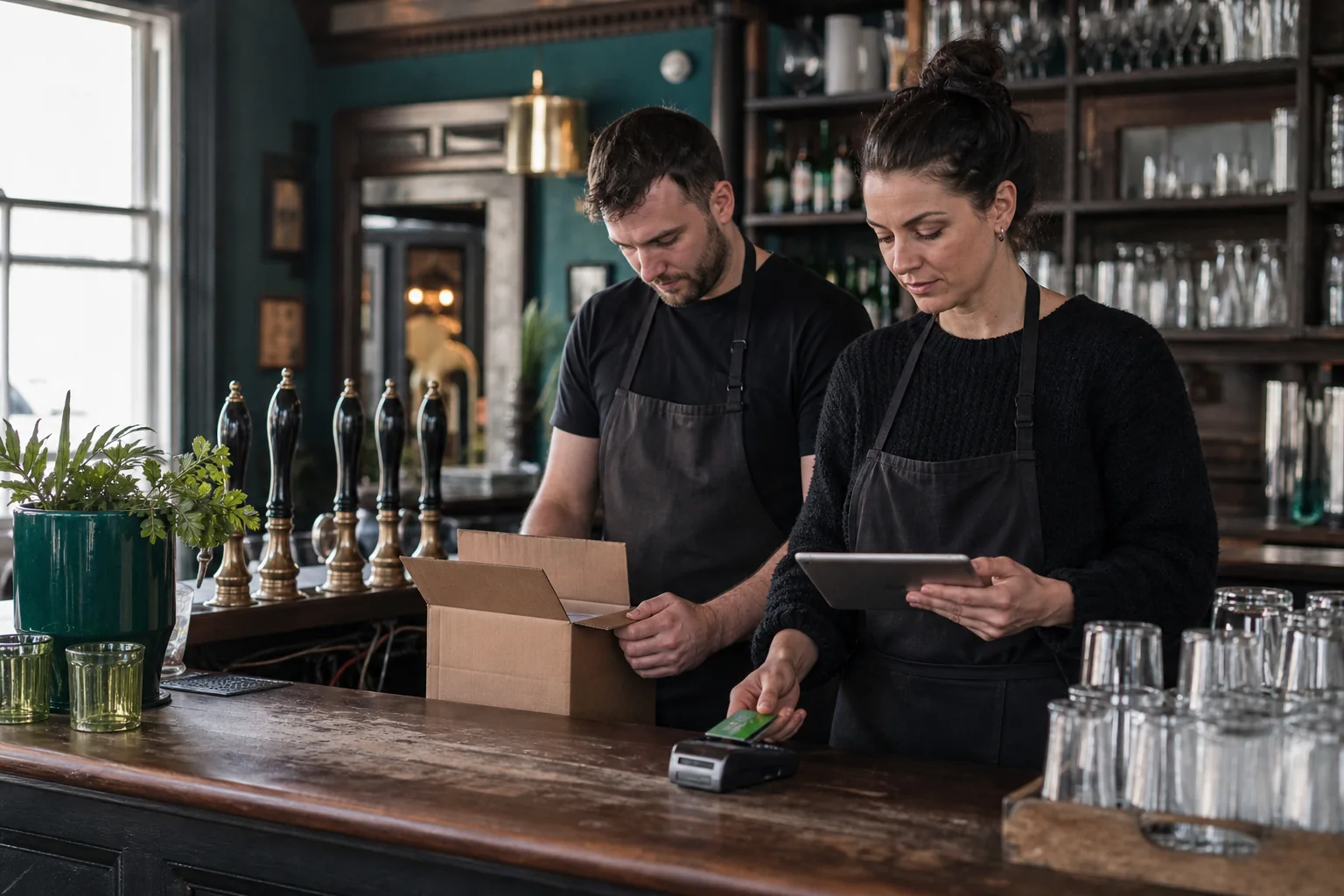 Two pub staff using a tablet and card reader behind a bar