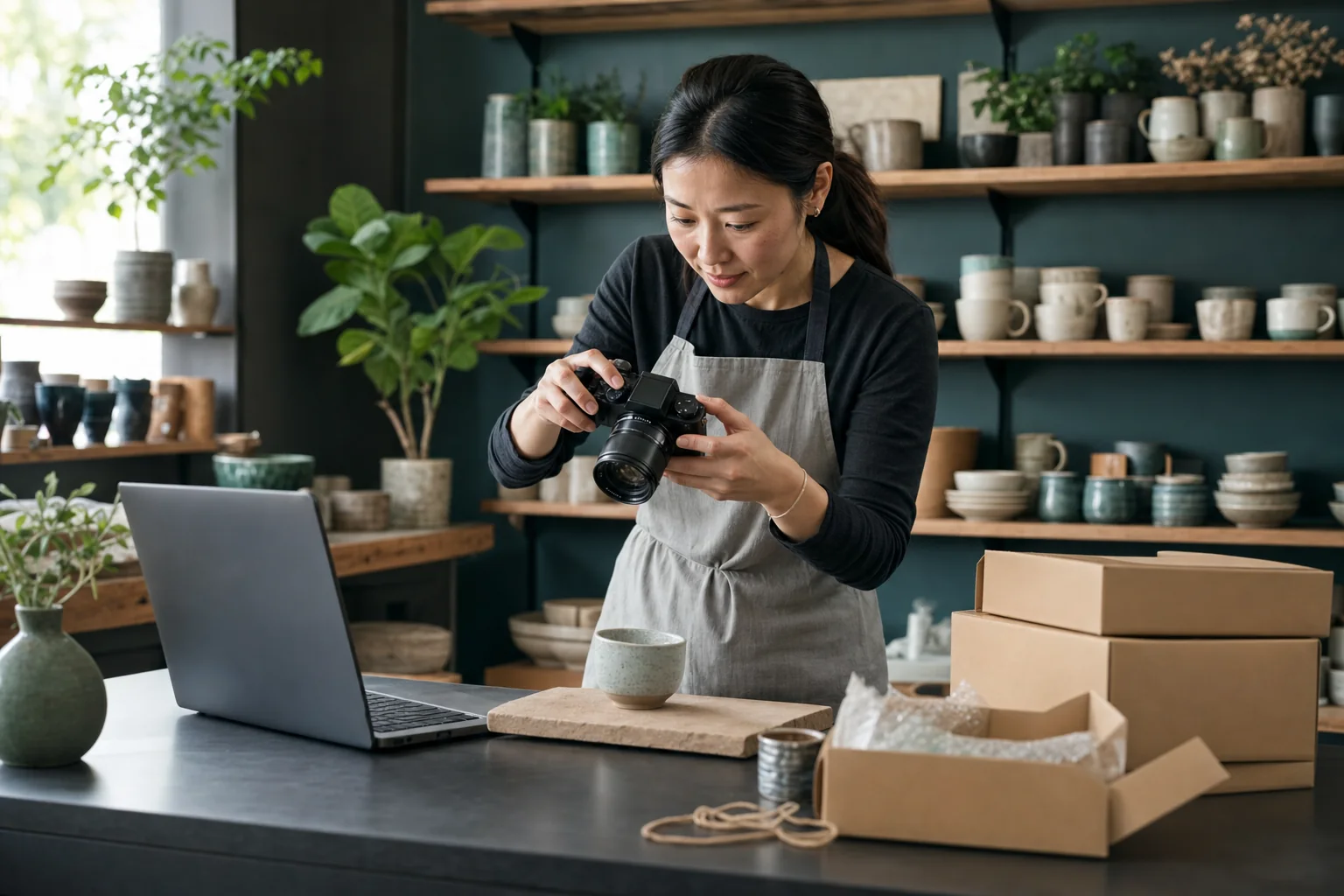 A shop owner photographing a ceramic cup beside a laptop and parcels
