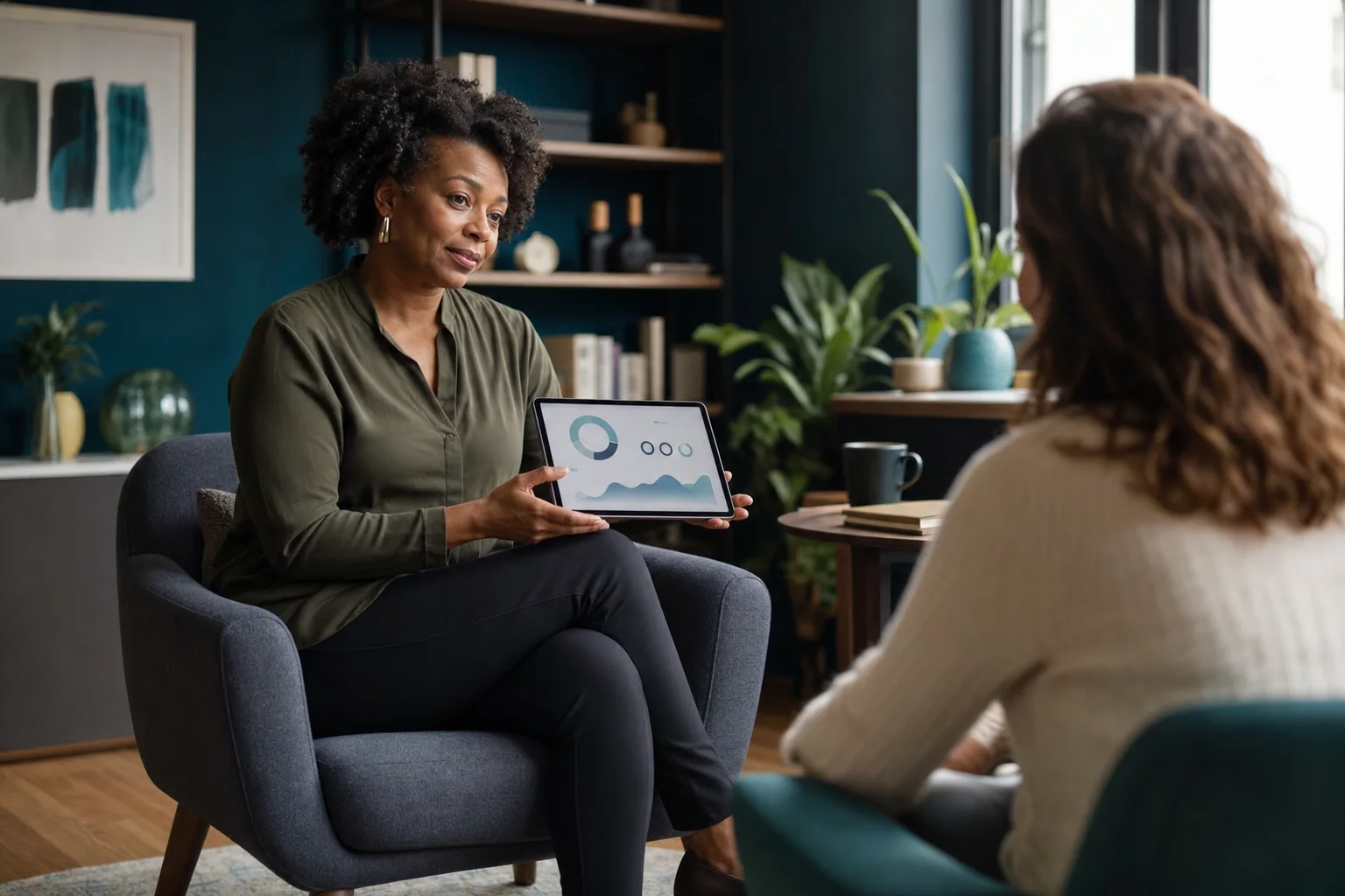 A therapist holding a tablet with abstract charts while listening to a client